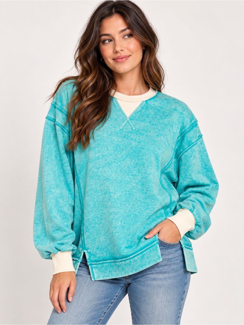 Zenana Turquoise Acid Wash Oversized Contrast Trim Sweatshirt